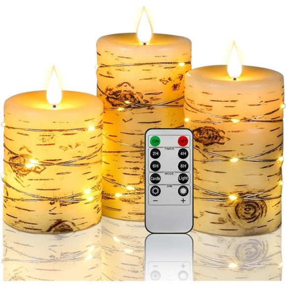 Flameless Candle LED Candles Hand Painted Birch Bark Effect Recessed - Picture 1 of 8